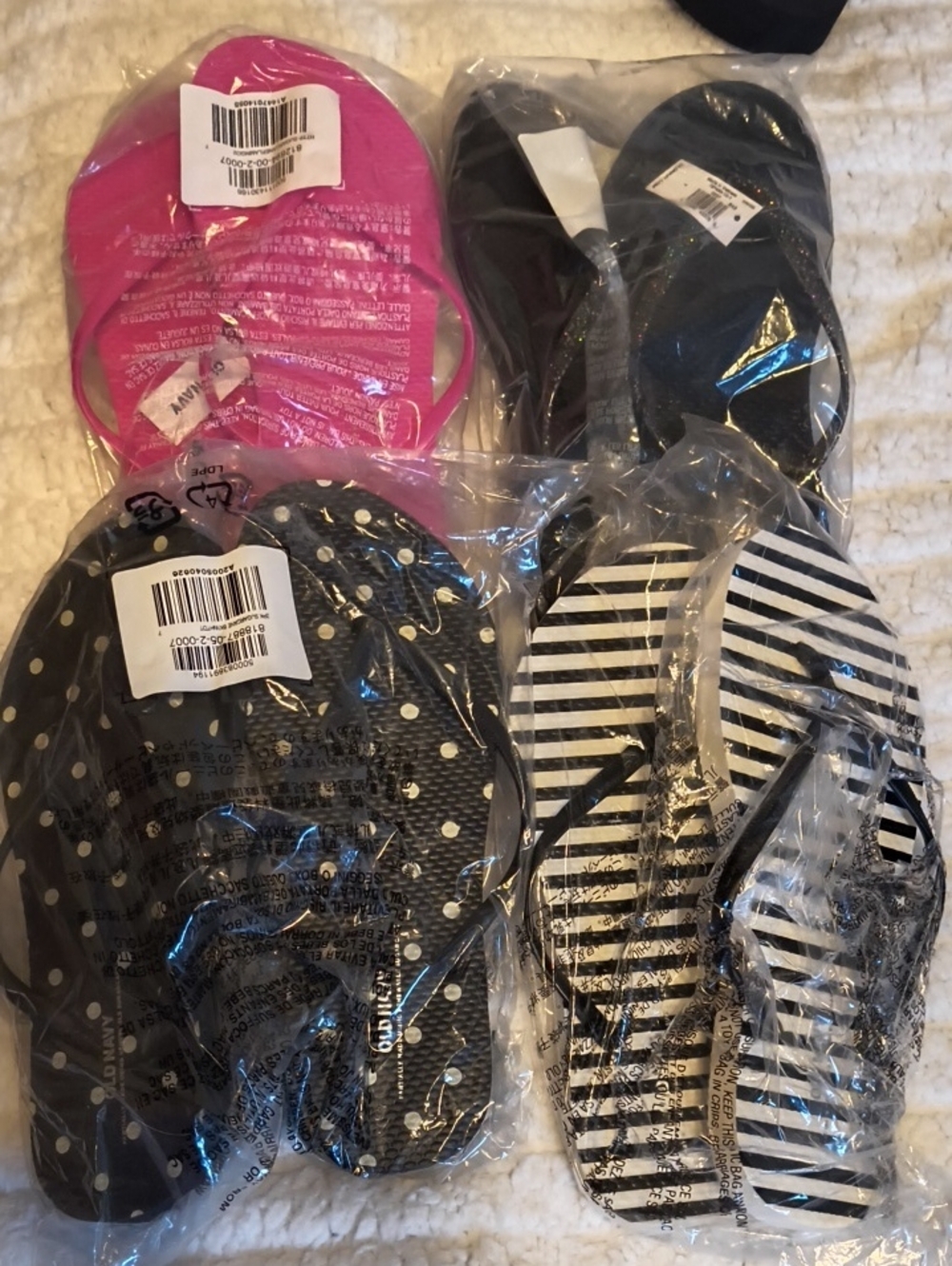 4 Pack of Women's Flip Flops - Black Polka Dot, Black Stripe, Hot Pink, Black